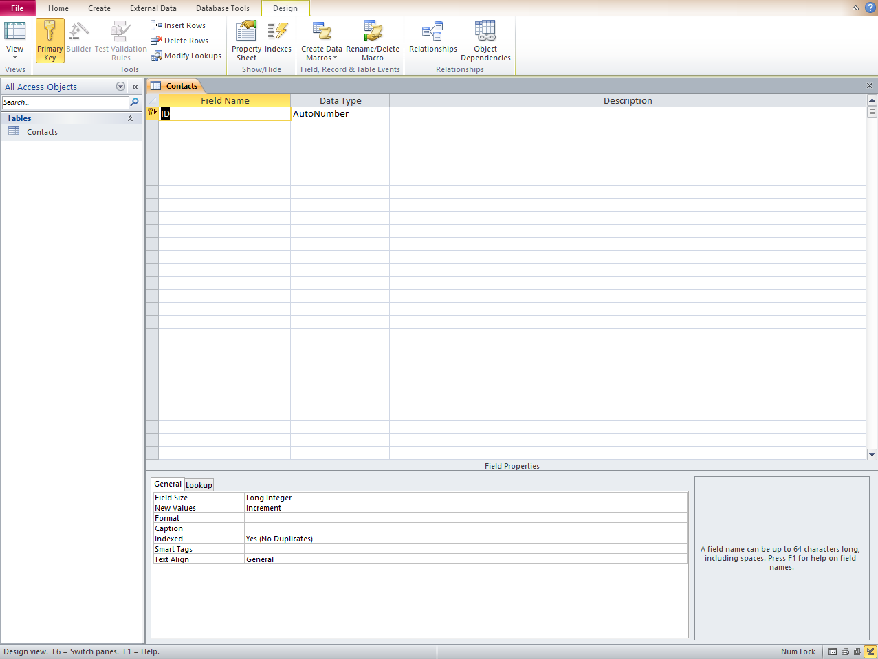 Microsoft Access Contact Management: All tables, fields and relationships for our database (2010 Version).