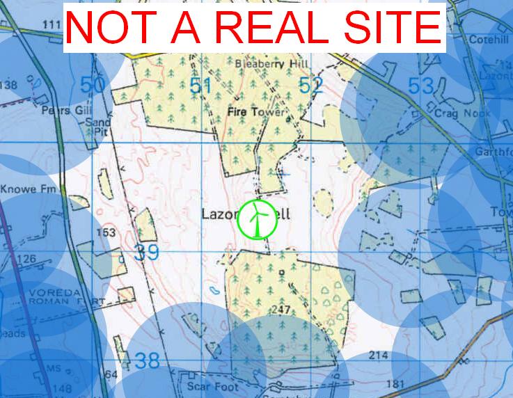 Wind turbine site and buffers GIS image